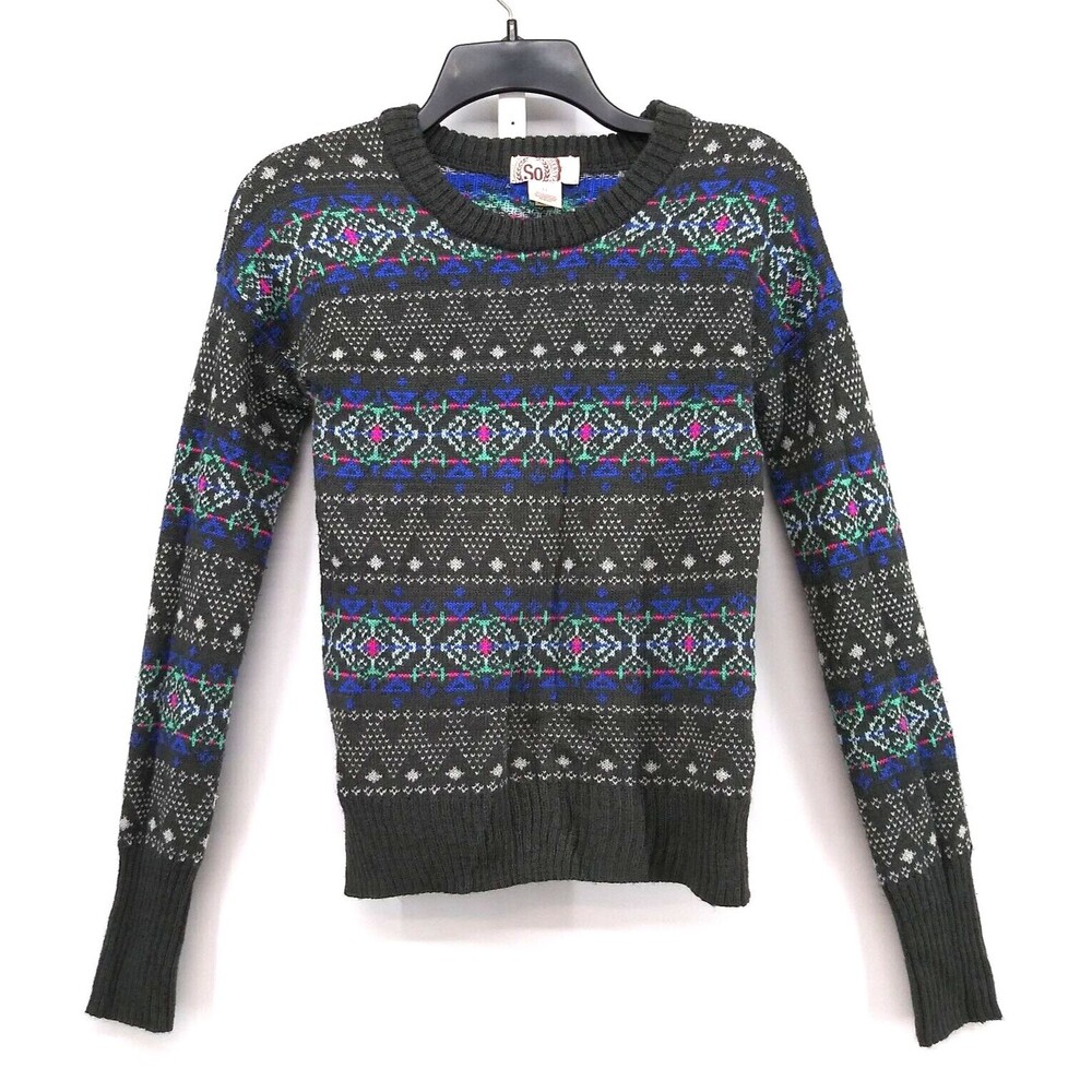 SO Sweater Womens Size S Gray Colorful Fair Isle Long Sleeve Pullover Top